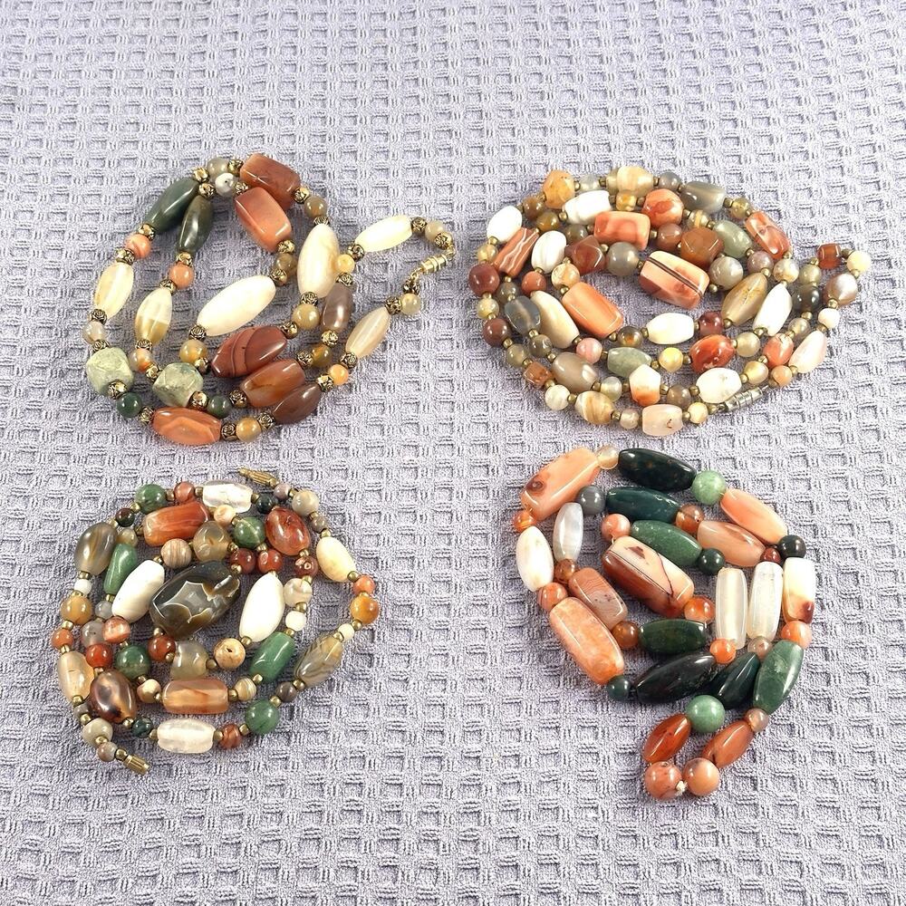 Vtg Set Of 3 Polished Semi Precious Stone Long Single Strand